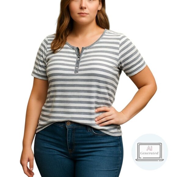 Torrid Womens Snap Collar Henley Tee Shirt Ribbed Knit Gray Stripe Size 2 | 2X - Picture 1 of 12